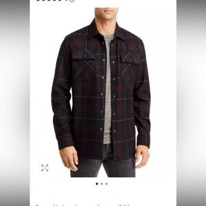 Karl Lagerfeld Paris Men's Plaid Snap Front Shirt Jacket in black and red.